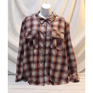 Democracy Women's L Red Blue Plaid Button-up Flannel Raw Hem Pockets LS Cowgirl